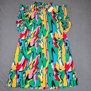 NEW Jodifl Colorful Abstract Print Ruffle Sleeve Shift Dress With Pockets